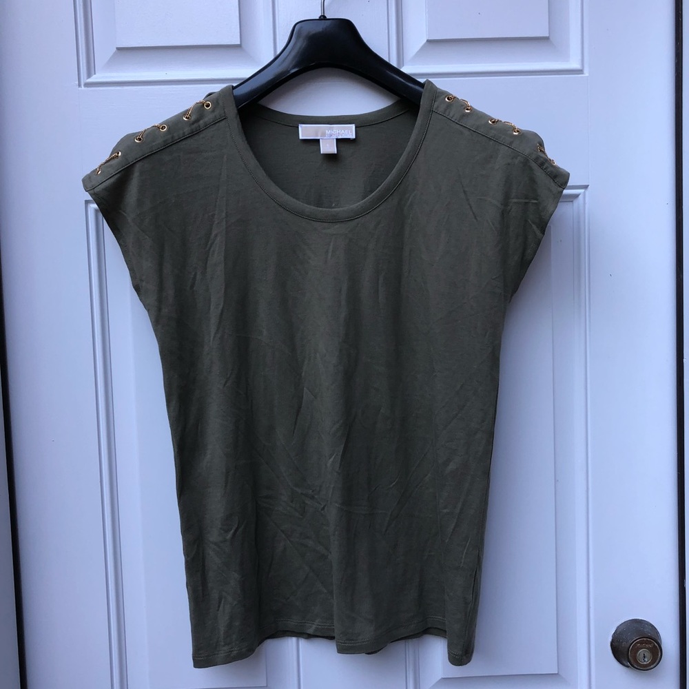 MK Olive Cold Shoulder Chain Top